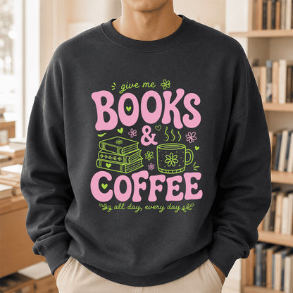 Books and Coffee Crewneck Sweatshirt | Reader Gift Dark Heather