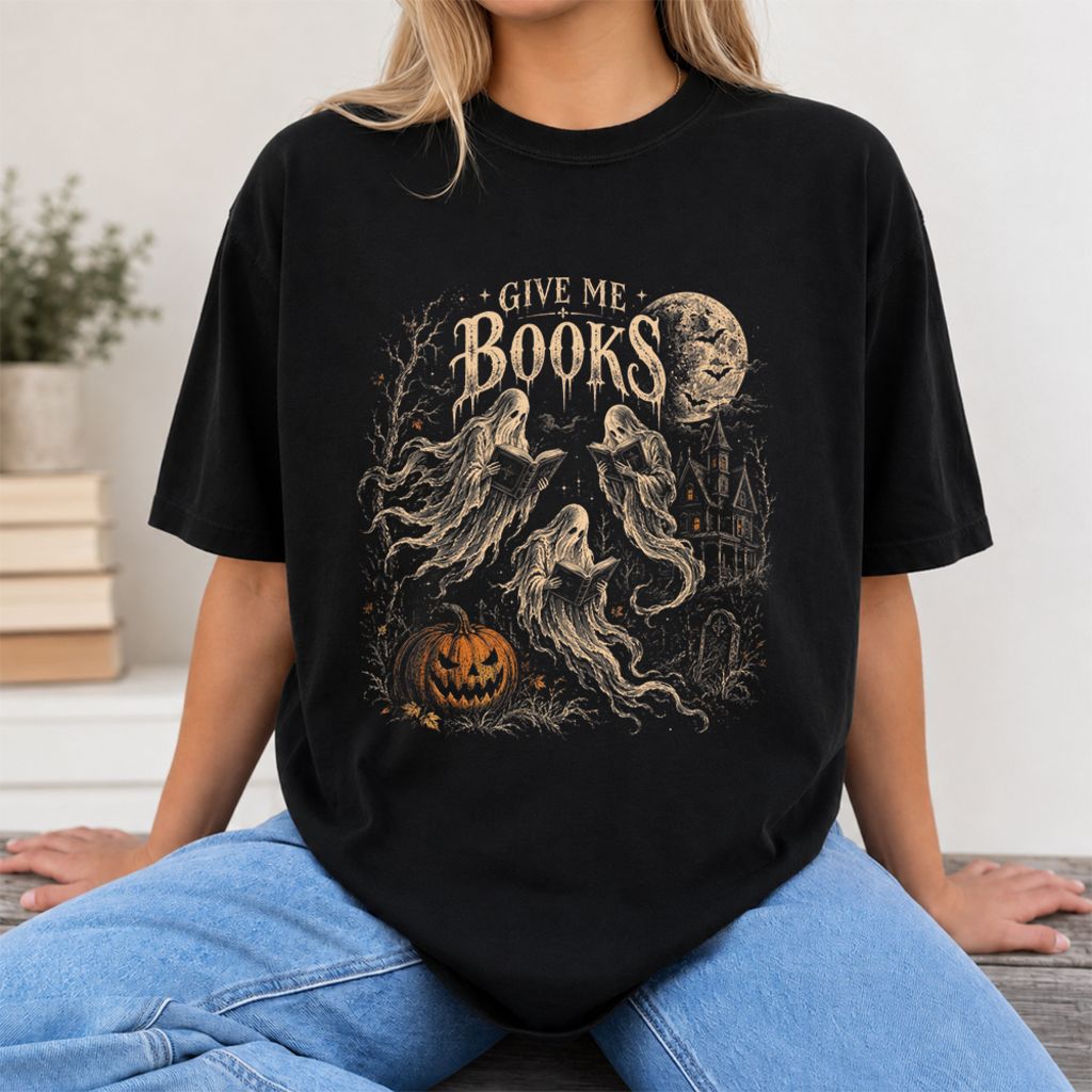 Give Me Books Printed T-Shirt | Halloween Book Lover Gift Black