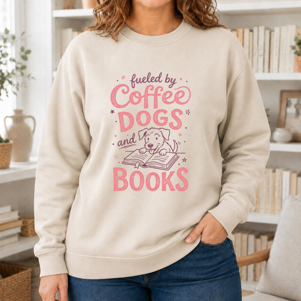 Fueled By Coffee, Dogs and Books Crewneck Sweatshirt | Coffee & Dog Lover, Reader Gift Sand