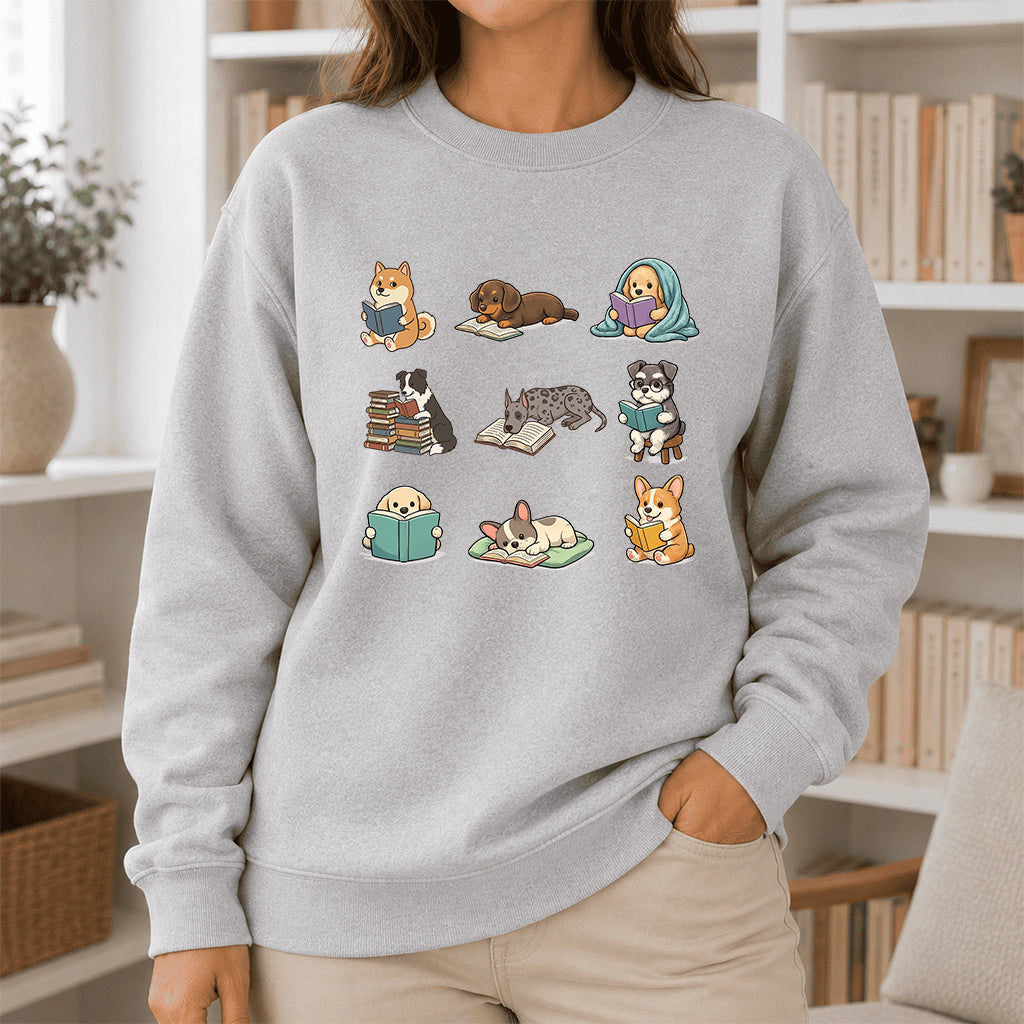 Funny Dogs Reading Crewneck Sweatshirt | Reader Gift Sport Grey