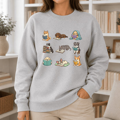 Funny Dogs Reading Crewneck Sweatshirt | Reader Gift Sport Grey