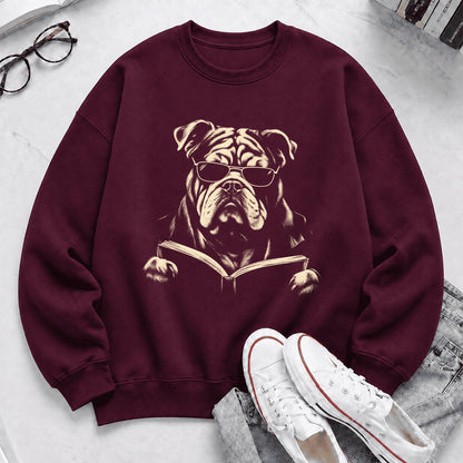 Bulldog Reading Book Crewneck Sweatshirt | Reader Gift Maroon