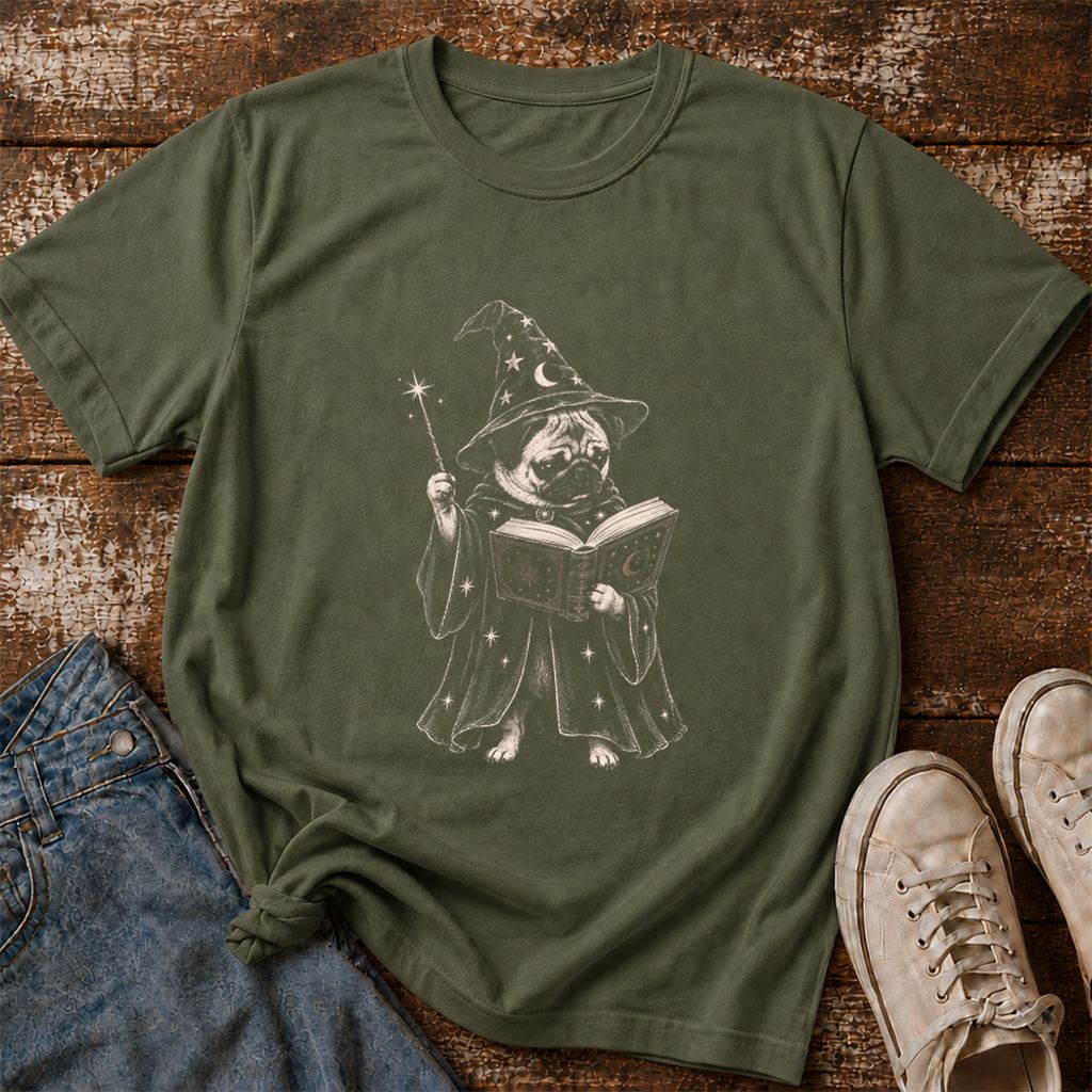 Cute Pug Witch Reading Book Printed T-Shirt | Halloween Book & Dog Lover Gift Military Green