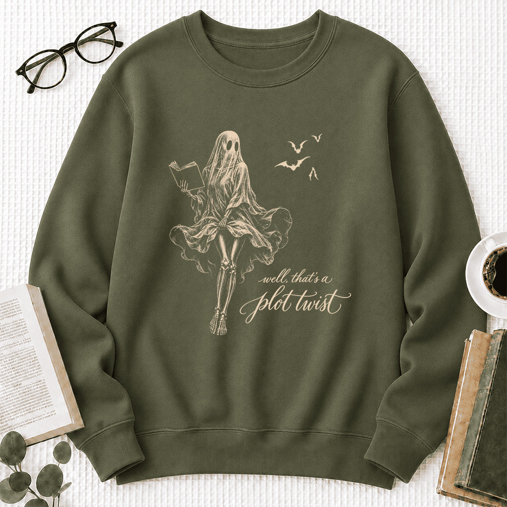 Funny Dress-Wearing Bookworm Ghost Printed Sweatshirt | Halloween Reader Gift Military Green