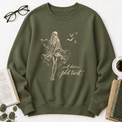 Funny Dress-Wearing Bookworm Ghost Printed Sweatshirt | Halloween Reader Gift Military Green