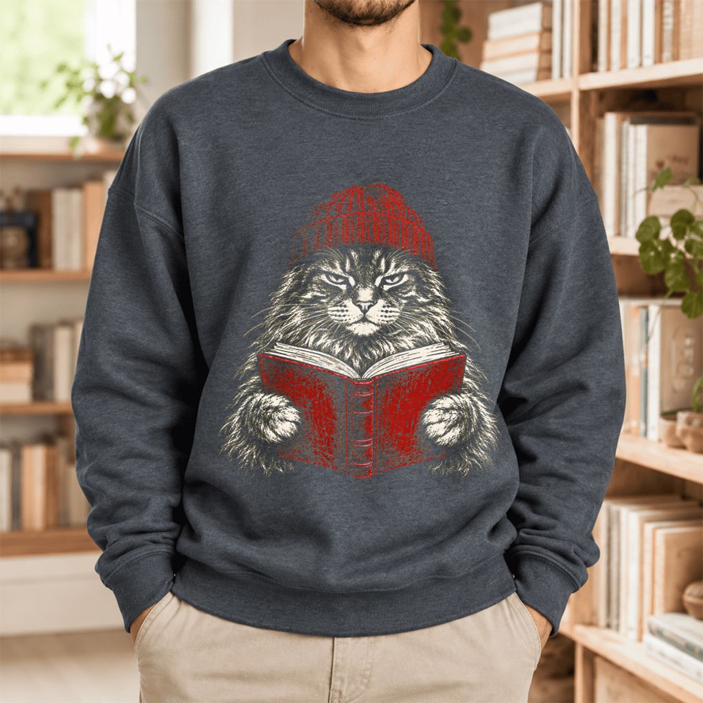 Vintage Reading Cat Maine Coon Softstyle Sweatshirt | Christmas Book Lover Gift Dark Heather