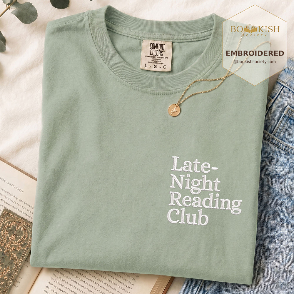 Late Night Reading Club Embroidered Comfort Color® T-shirt | Book Lover Gift Bay