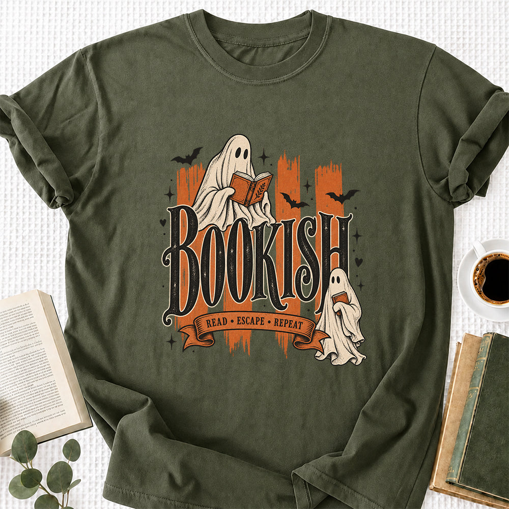 Bookish Read Escape Repeat Printed T-Shirt | Halloween Book Lover Gift Military Green