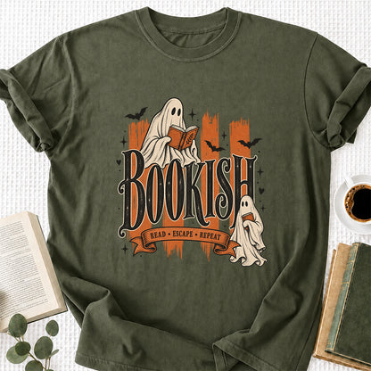 Bookish Read Escape Repeat Printed T-Shirt | Halloween Book Lover Gift Military Green
