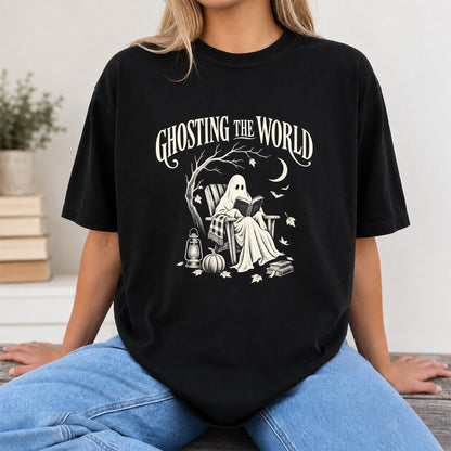 Ghosting The World Cotton T-Shirt | Halloween Book Lover Gift Black