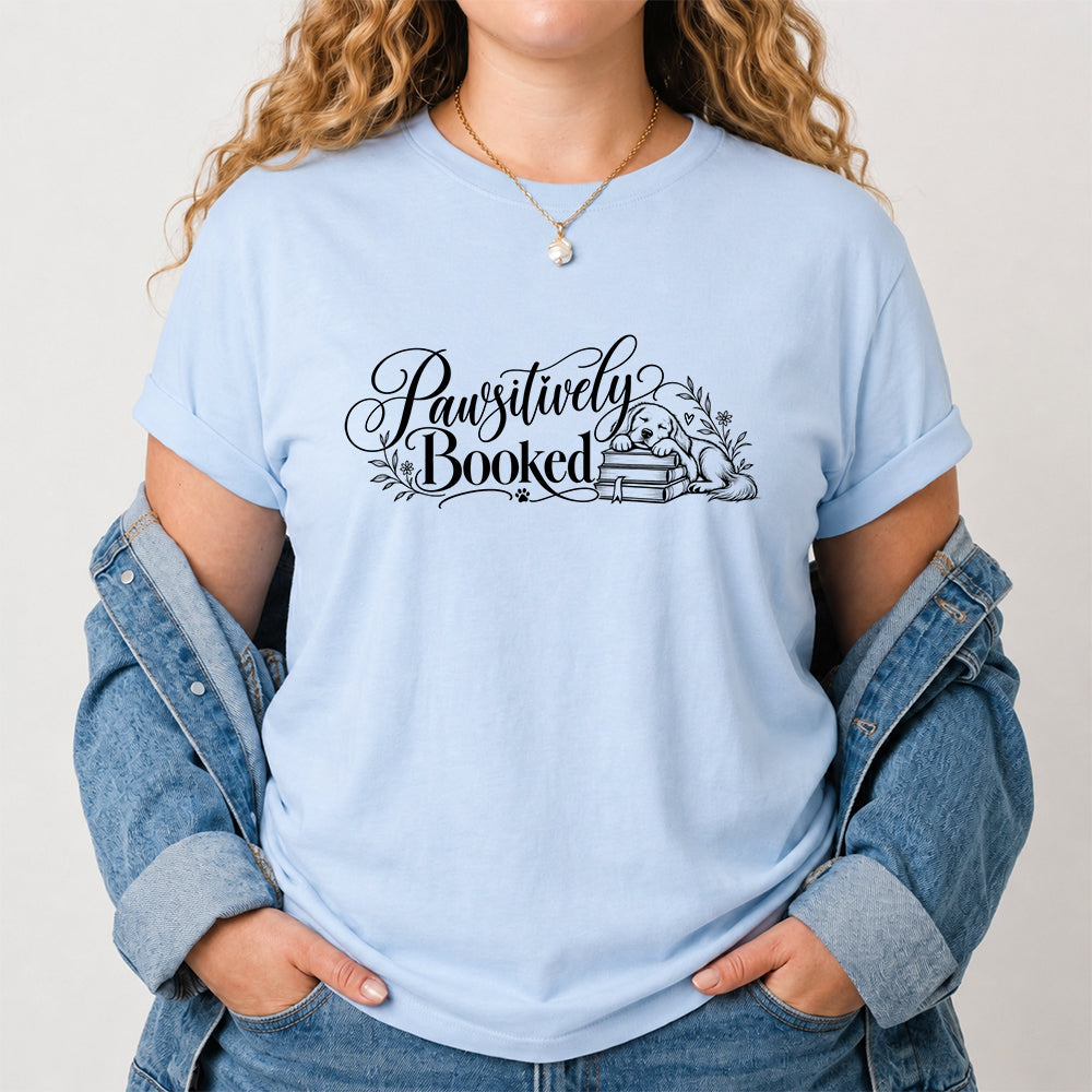 Pawsitively Booked Cotton T-Shirt | Dog Lover & Reader Gift Light Blue