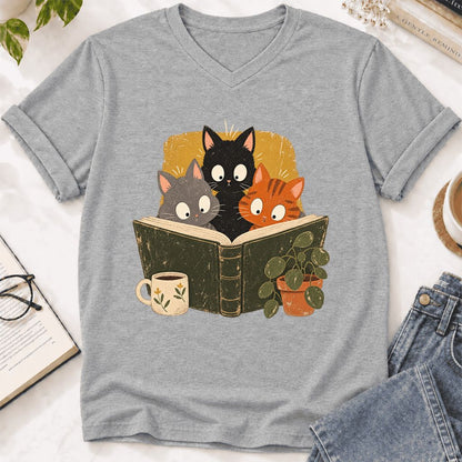 Curious Reading Cats Ultra-Soft V-Neck | Cat Lover Reader Gift Athletic Heather