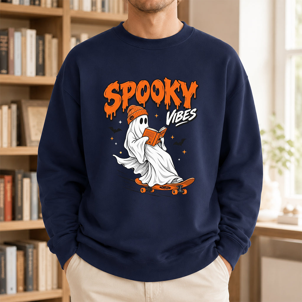 Spooky Vibes Printed Sweatshirt | Halloween Reader Gift Navy
