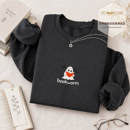 Bookworm Embroidered Sweatshirt | Halloween Book Lover Gift Dark Heather