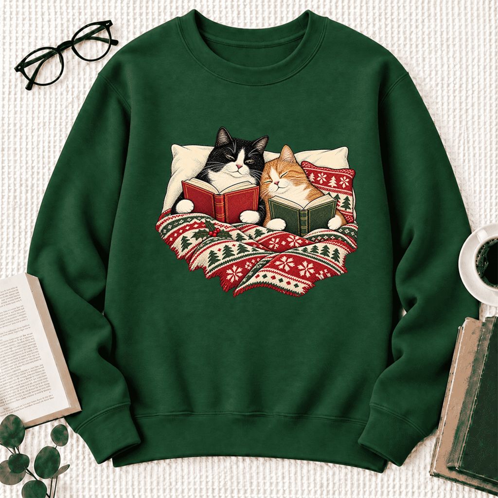 Christmas Reading Cat Couple Softstyle Sweatshirt | Cozy Christmas Gift Forest Green