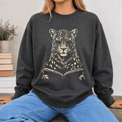Leopard Reading Book Crewneck Sweatshirt | Reader Gift Dark Heather