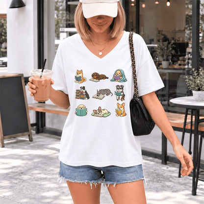 Funny Reading Dogs Ultra-Soft V-Neck | Dog Mom Reader Gift White