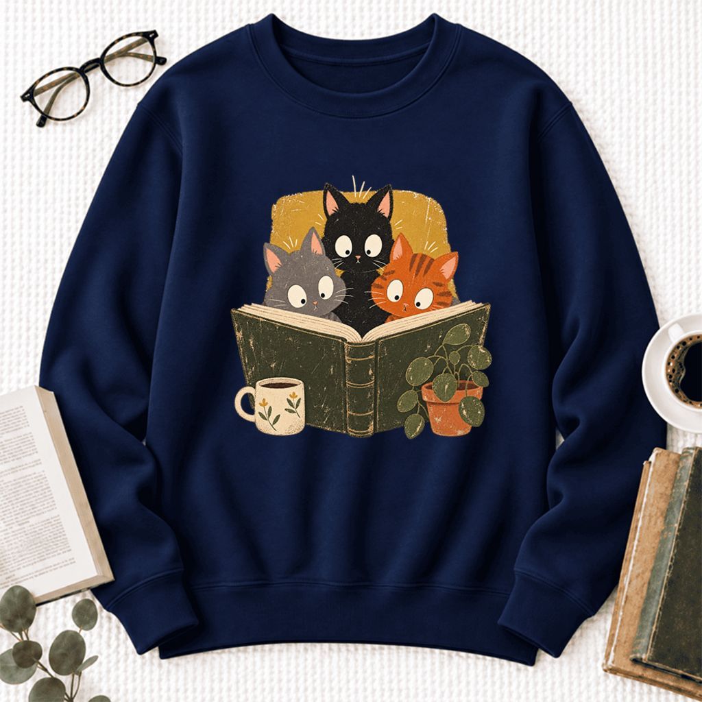 Curious Reading Cats Softstyle Sweatshirt | Cozy Book Lover Gift Navy