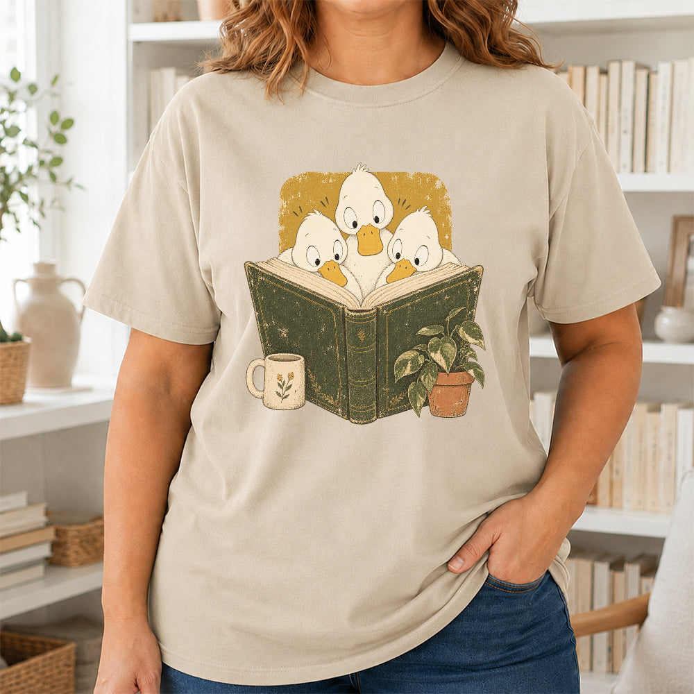 Minimal Japanese Ducks Reading Softstyle T-Shirt | Book Lover Gift Sand