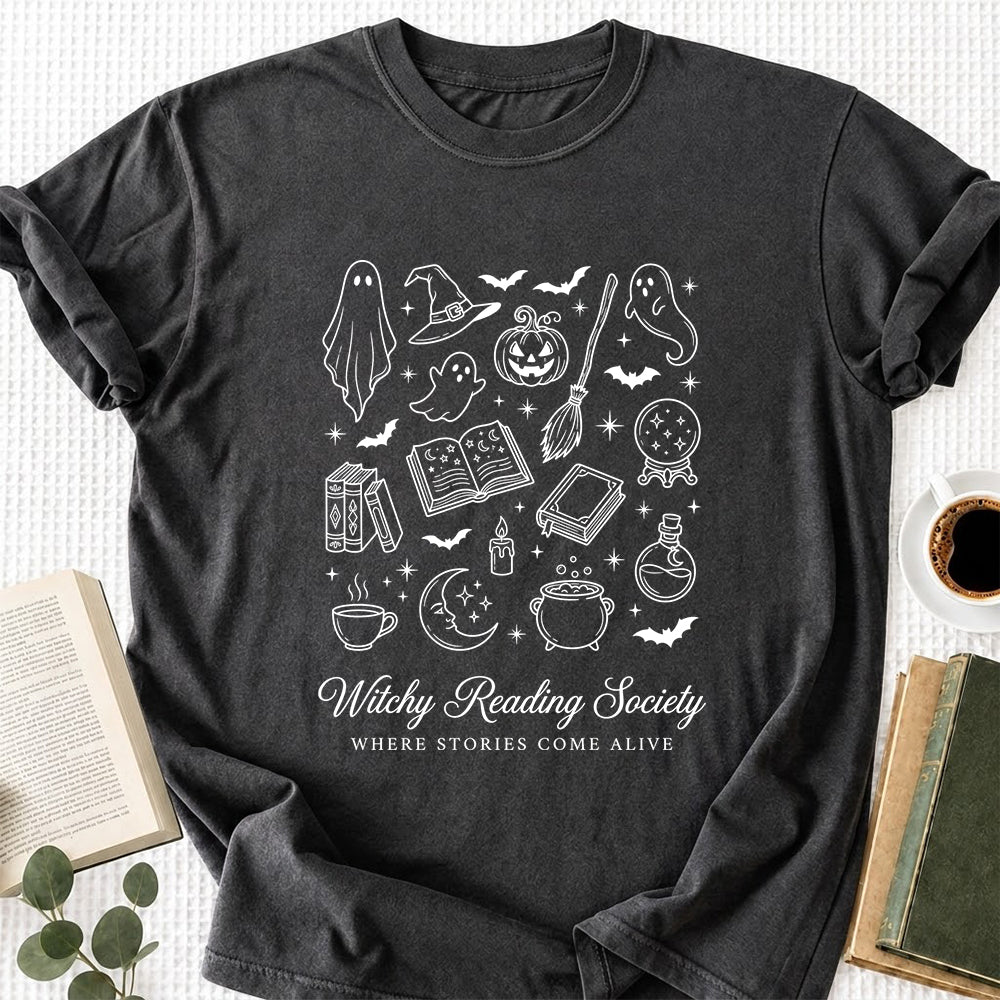 Witchy Reading Society Printed T-Shirt | Halloween Reader Gift Dark Heather