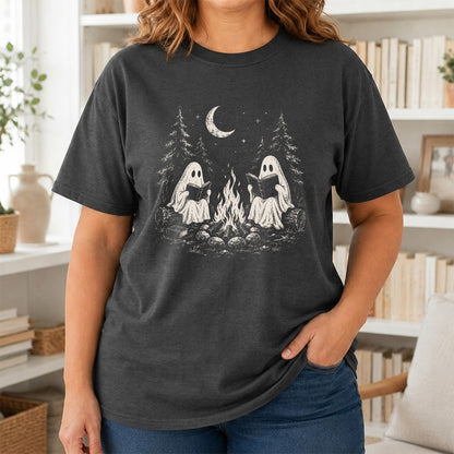 Camping Reading Ghosts Printed T-Shirt | Spooky Book Lover Gift Dark Heather