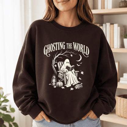 Ghosting The World Crewneck Sweatshirt | Halloween Reader Gift Dark Chocolate