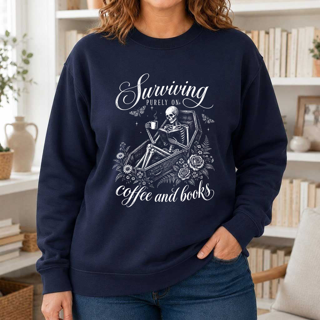 Surviving Purely On Coffee And Books Printed Sweatshirt | Halloween Reader Gift Navy