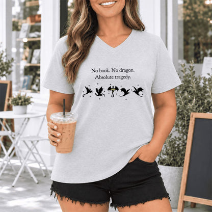 No Book, No Dragon, Absolute Tragedy Ultra-Soft V-Neck | Fantasy Book Lover Gift Ash