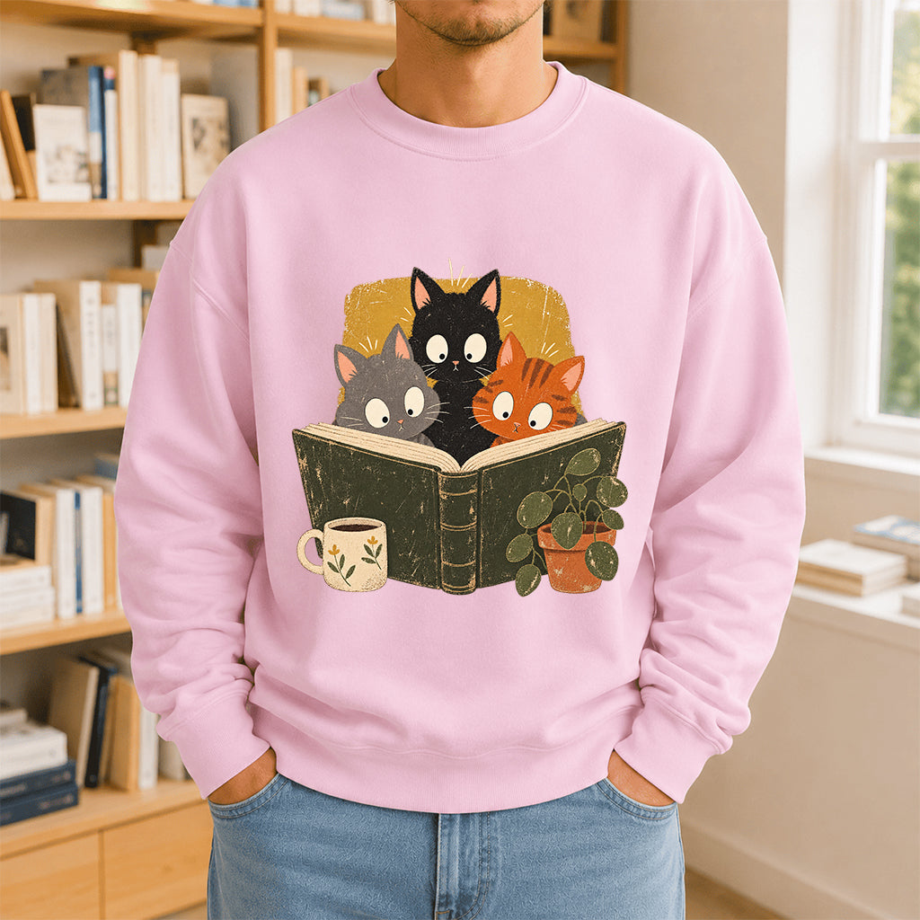 Minimal Japanese Cats Reading Crewneck Sweatshirt | Reader Gift Light Pink