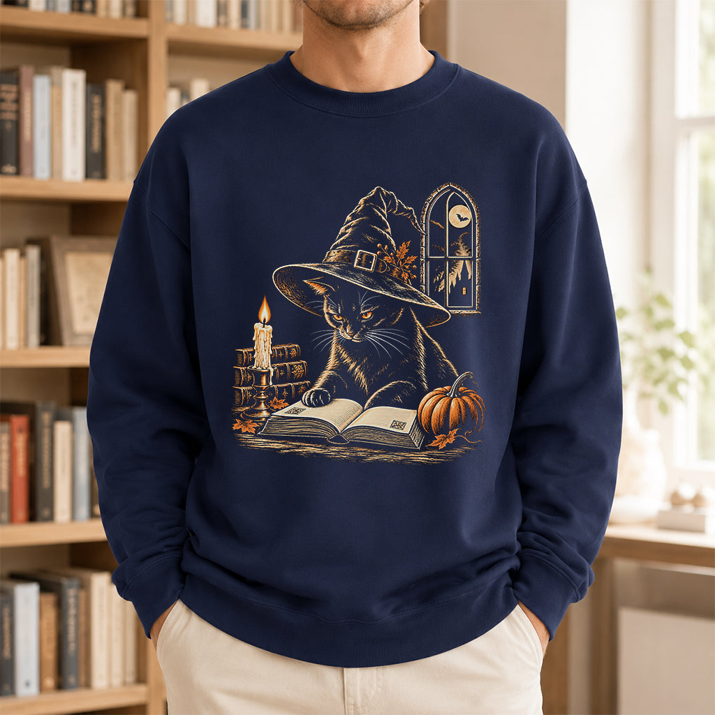 Reading Black Cat Witch Printed Sweatshirt | Halloween Book Lover Gift Navy