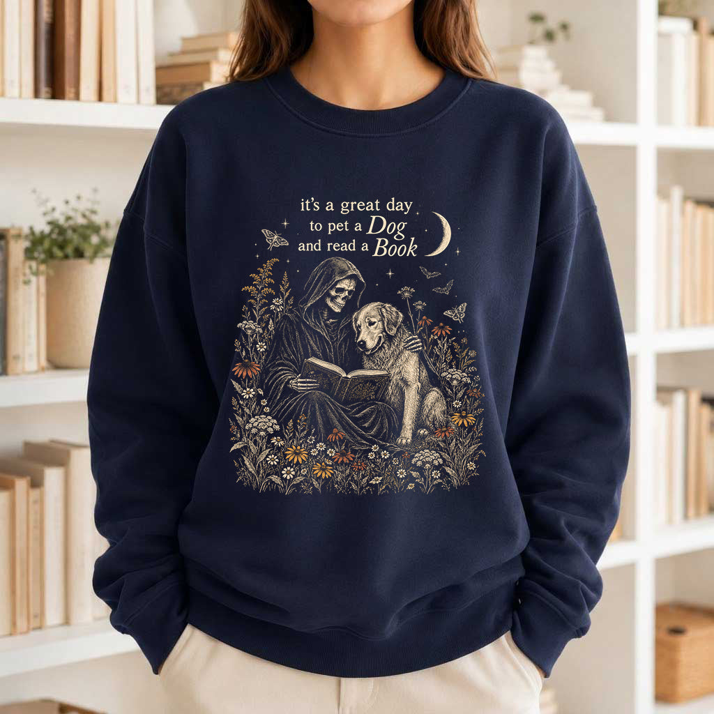 It's A Great Day To Pet A Dog And Read A Book Crewneck Sweatshirt | Gift Navy