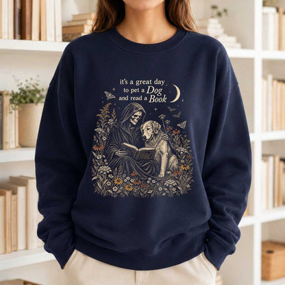 It's A Great Day To Pet A Dog And Read A Book Crewneck Sweatshirt | Gift Navy