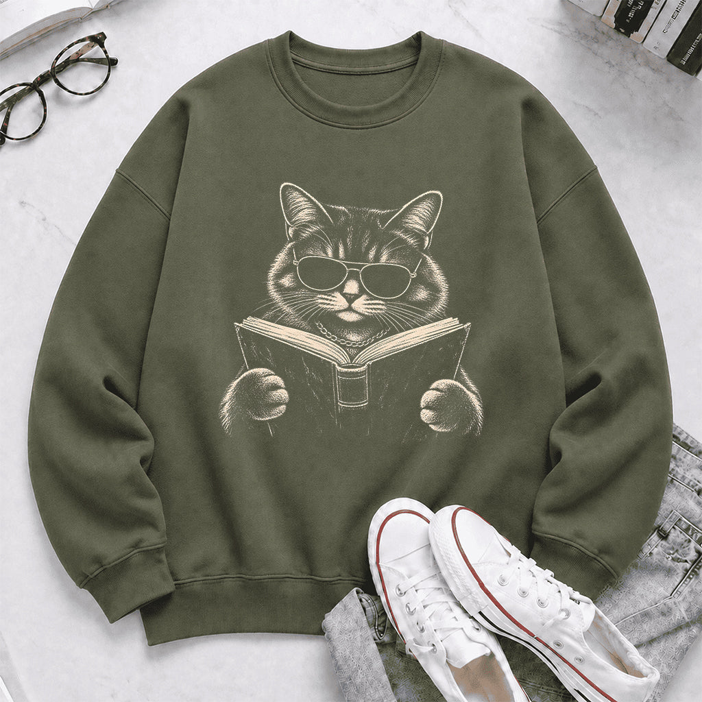 Cat Reading Book Crewneck Sweatshirt | Reader Gift Military Green