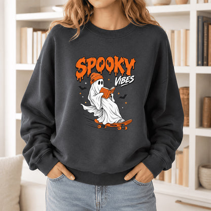 Spooky Vibes Printed Sweatshirt | Halloween Reader Gift Dark Heather