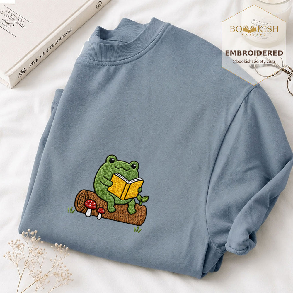Embroidered Frog on Log Reading Book Comfort Color® T-shirt Book Lover Gift Blue Jean