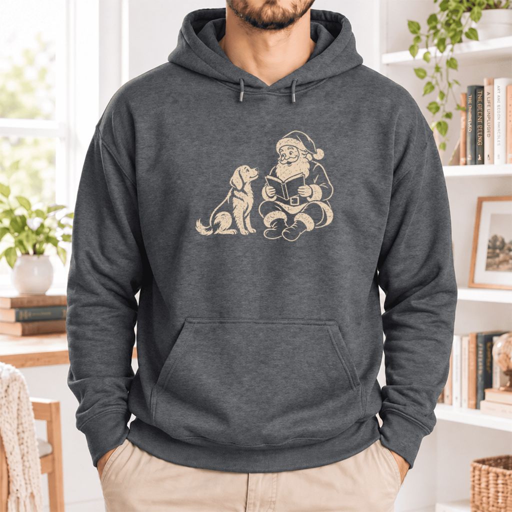 Funny Dog With Santa Christmas Softstyle Hoodie | Christmas Gift For Dog & Book Lover Dark Heather