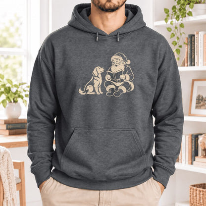 Funny Dog With Santa Christmas Softstyle Hoodie | Christmas Gift For Dog & Book Lover Dark Heather