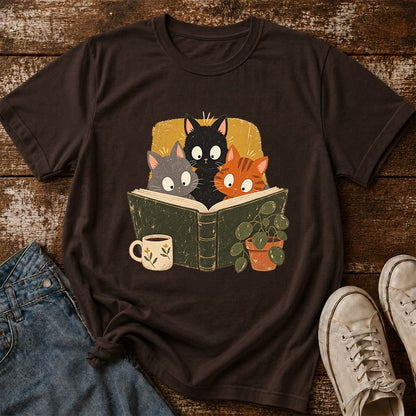 Minimal Japanese Cats Reading Softstyle T-Shirt | Book Lover Gift Dark Chocolate