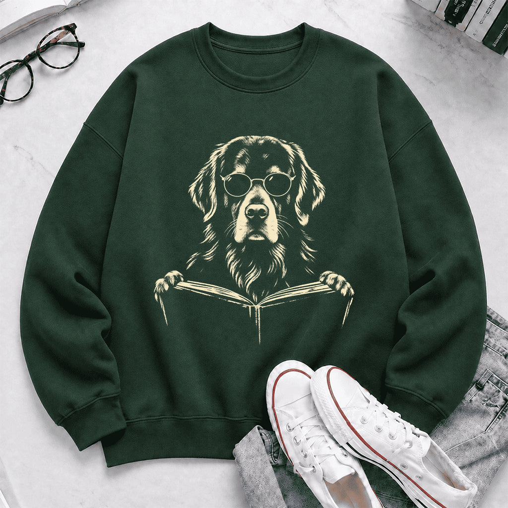 Golden Retriever Reading Book Crewneck Sweatshirt | Reader Gift Forest Green