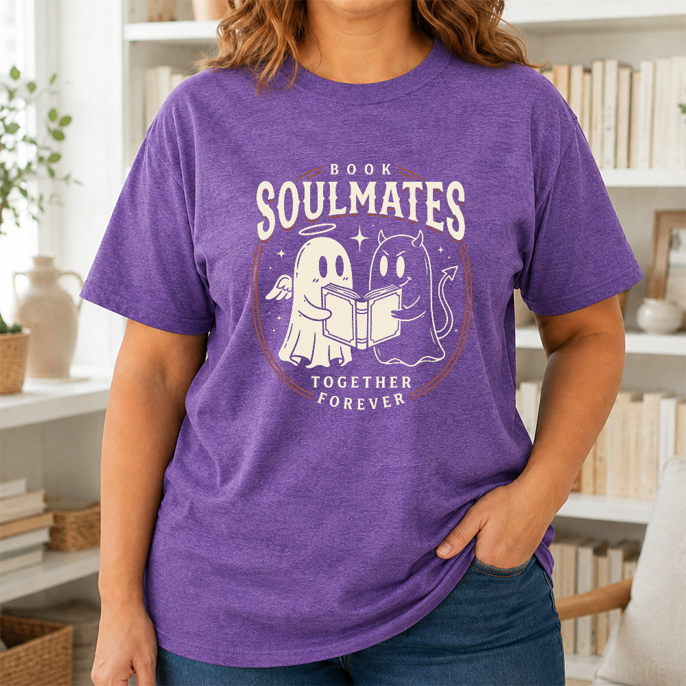 Book Soulmates Together Forever Printed T-Shirt | Halloween Book Lover Gift Heather Purple