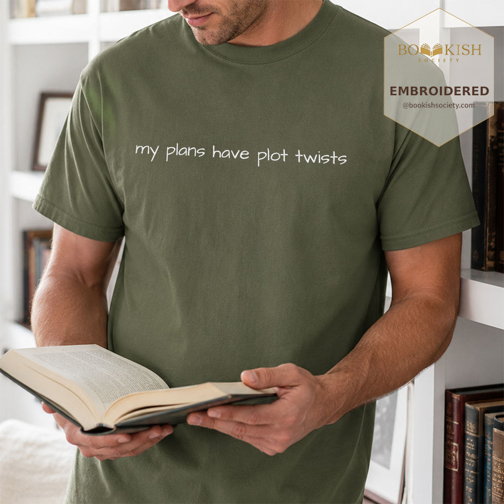 Embroidered My Plans Have Plot Twists Comfort Color® T-shirt Book Lover Gift Hemp
