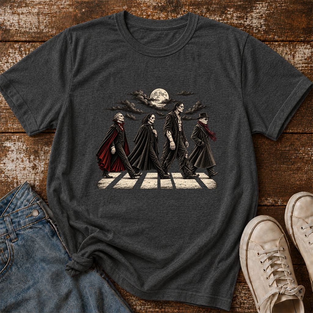 Monsters Road Printed T-Shirt | Halloween Book Lover Gift Dark Heather