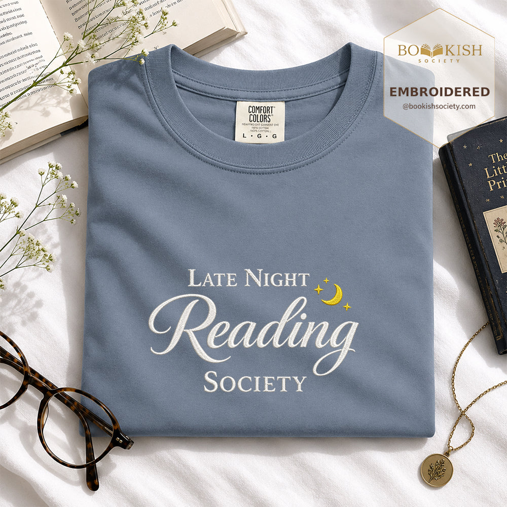 Late Night Reading Society Embroidered Comfort Color® T-shirt | Book Lover Gift Blue Jean