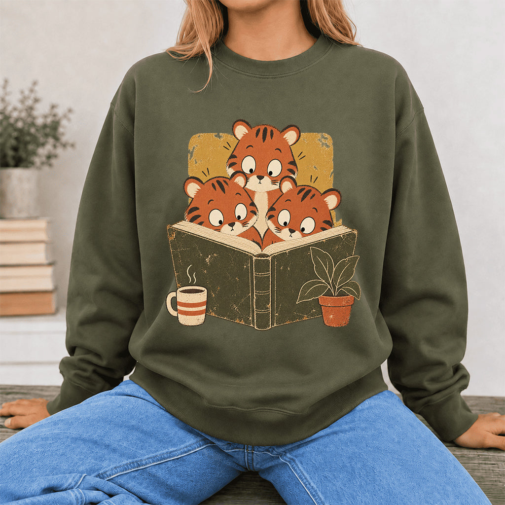 Minimal Japanese Tigers Reading Crewneck Sweatshirt | Reader Gift Military Green