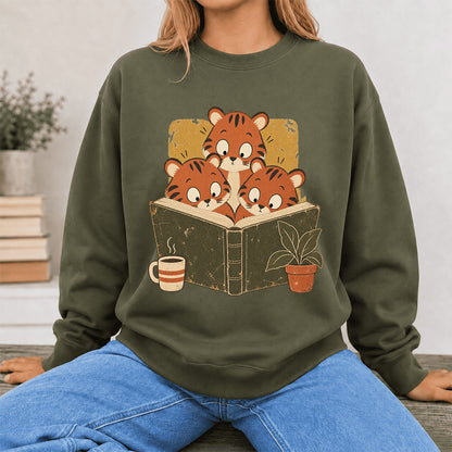 Minimal Japanese Tigers Reading Crewneck Sweatshirt | Reader Gift Military Green