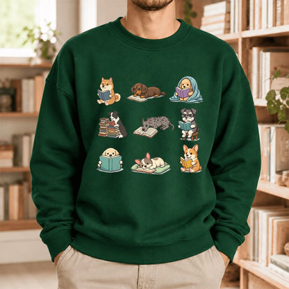 Funny Reading Dogs Embroidered Sweatshirt | Dog Mom Reader Gift Forest Green