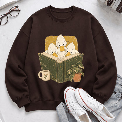 Minimal Japanese Ducks Reading Crewneck Sweatshirt | Reader Gift Dark Chocolate