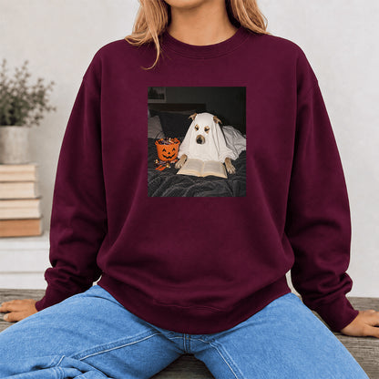 Cute Reading Ghost Dog Printed Sweatshirt | Halloween Book Lover Gift Maroon