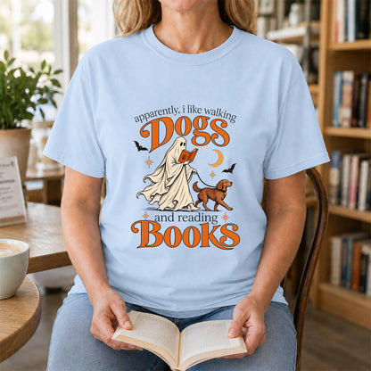 Apparently I Like Walking Dogs And Reading Books Printed T-Shirt | Halloween Dog Lover Reader Gift Light Blue
