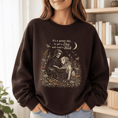 It's A Great Day To Pet A Dog And Read A Book Crewneck Sweatshirt | Gift Dark Chocolate